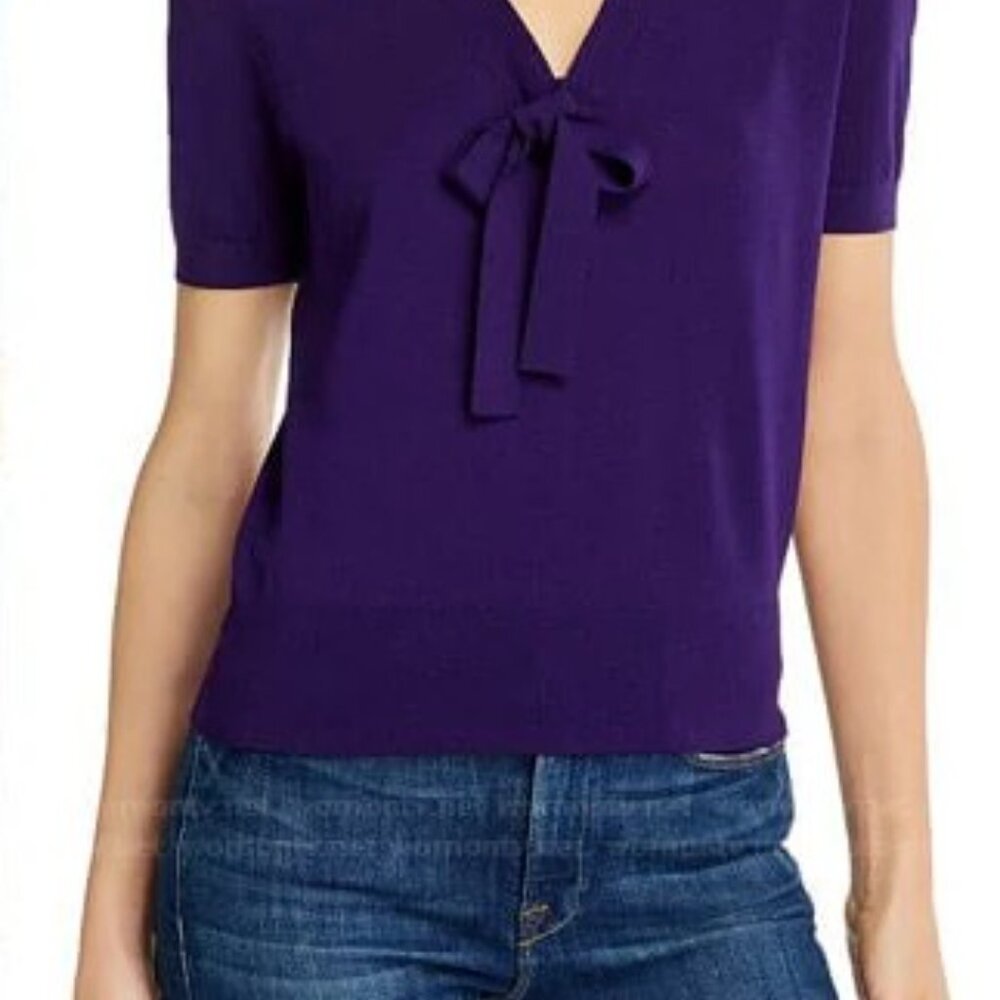 Theory Women's Purple Elodie Tie-Neck V-Neck Short Sleeve Sweater Top, sS